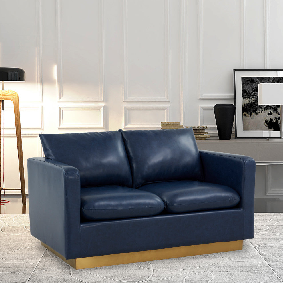 LeisureMod Nervo Modern Leather Loveseat With Gold Base, Navy Blue