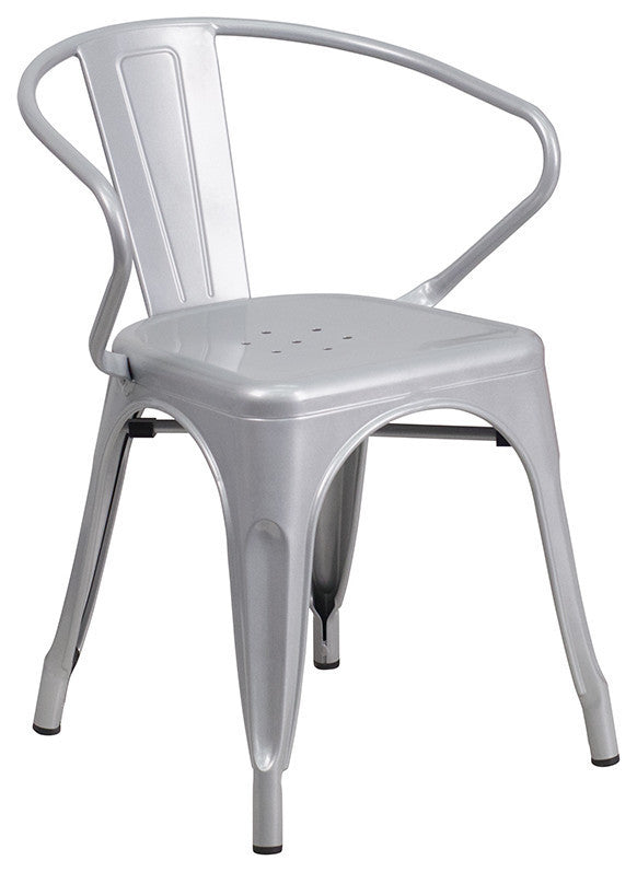 24" Round Silver Metal Indoor-Outdoor Table Set with 2 Arm Chairs