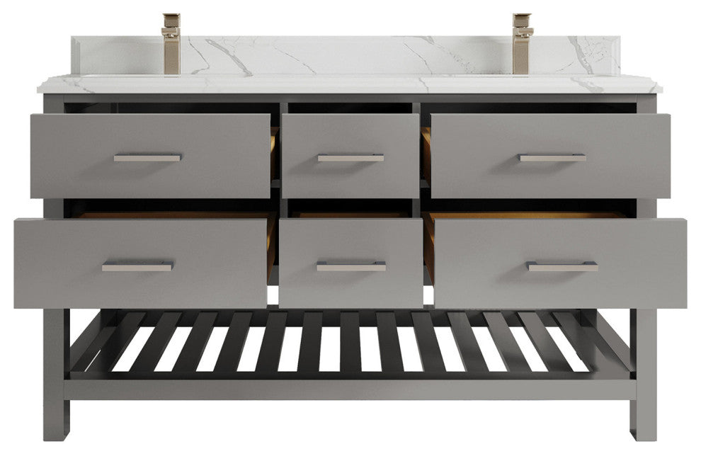 Parker 60 Double Sink Bathroom Vanity in Elephant Skin Gray  1.5" Calacatta Laza