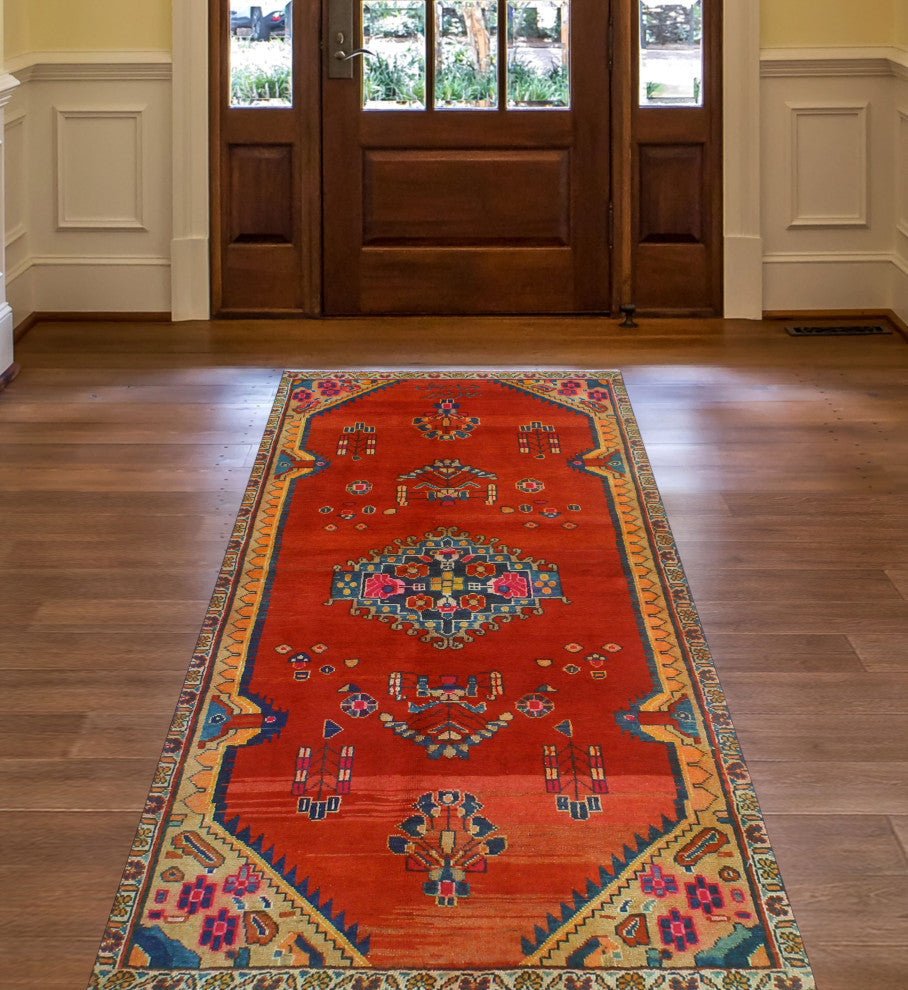Fine Vintage Distressed Charmain Red/Beige Runner, 3'8x7'11