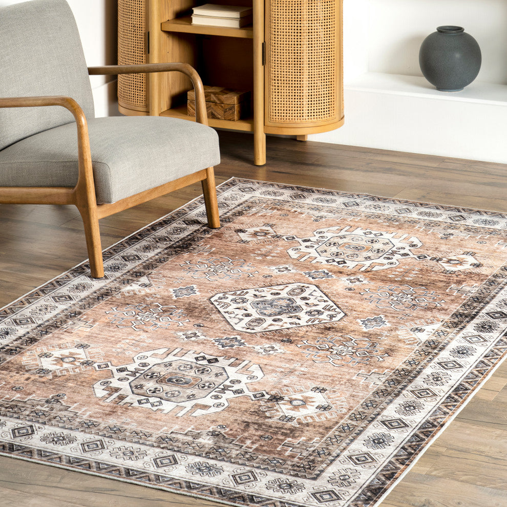 Nuloom Washable Traditional Stain Repellent Area Rug, Light Orange 8'x10'