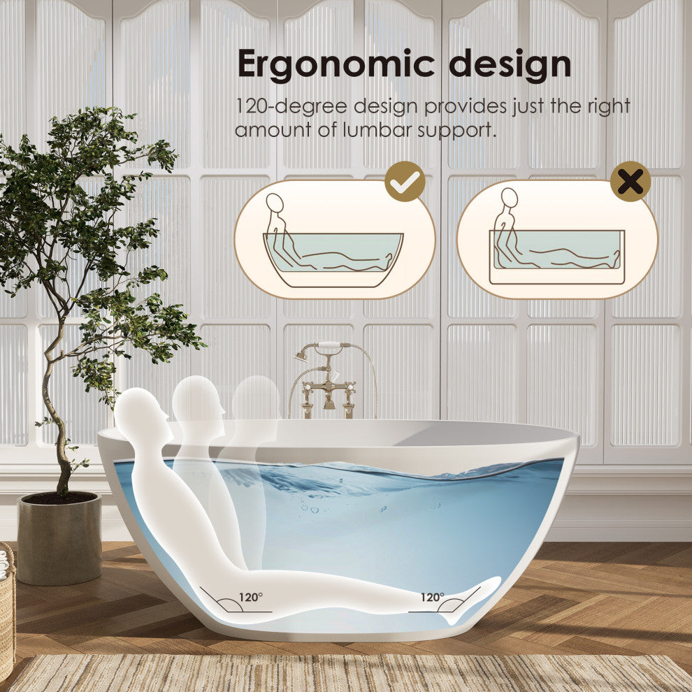 Euston Flatbottom Freestanding Solid Surface Soaking Bathtub, Matte White, 55inch