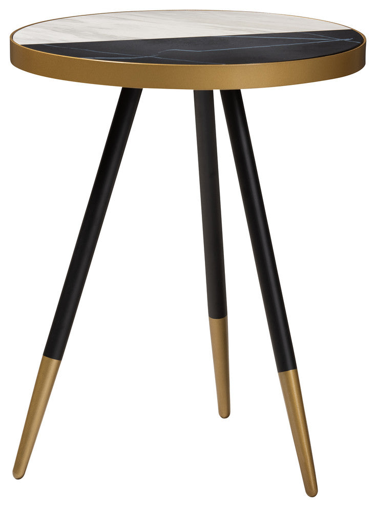 Lauro Modern Round Glossy Marble Metal End Table with Two-Tone Black Gold Legs