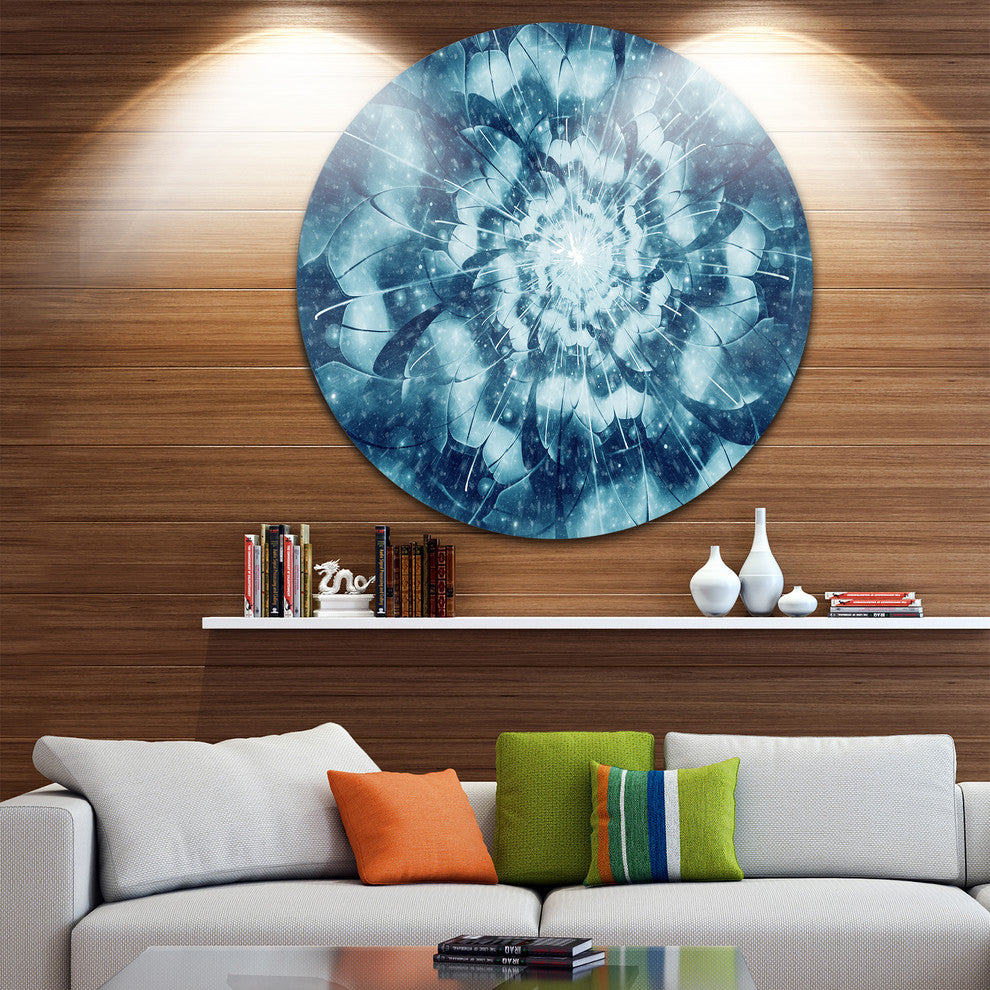 Blue Snowy Fractal Flower Design, Floral Disc Metal Wall Art, 23"