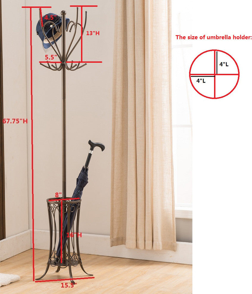 Wesley Metal 12-Hook Coatrack With Umbrella Holder, Pewter