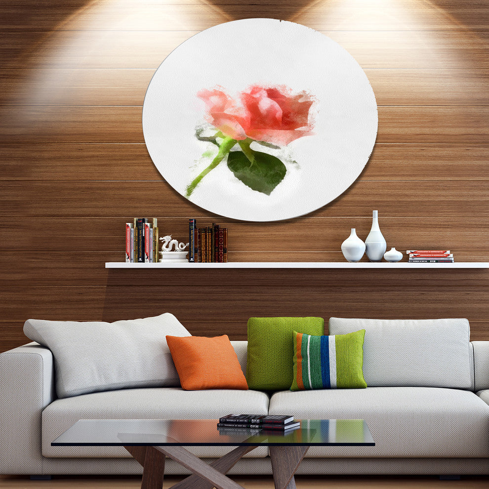 Pink Rose Watercolor With Stem, Floral Round Wall Art, 23"