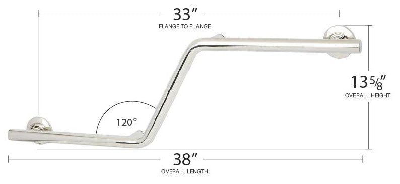 38" Zuma Angled Assist Shower Grab Bar, Polished Stainless, Left-Handed