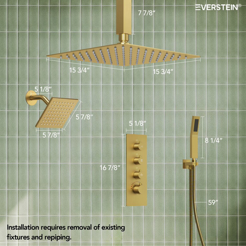 Dual Heads Shower System 16" Rain Shower Head with 4 Way Thermostatic Faucet, Brushed Gold