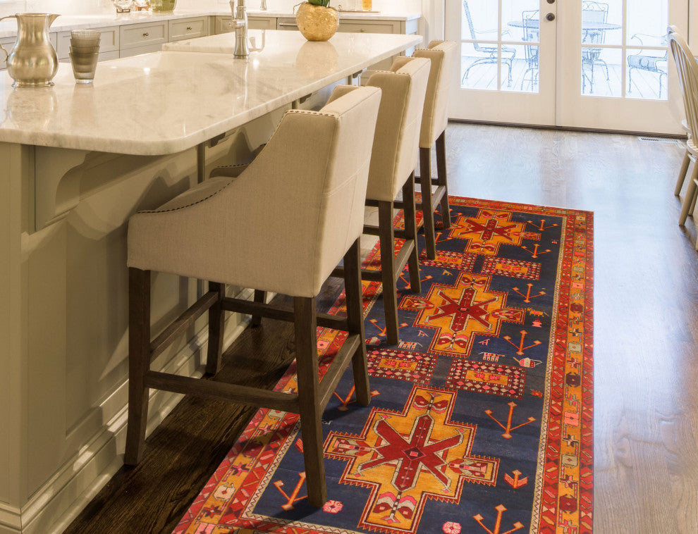 Fine Vintage Distressed Hares Navy/Gold Runner, 4'5x10'8