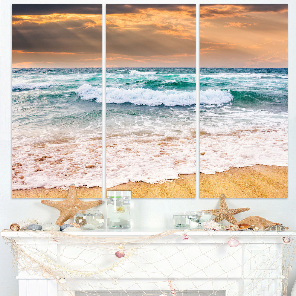 "Blue Sea Waves Kissing Sandy Beach" Metal Wall Art, 3 Panels, 36"x28"