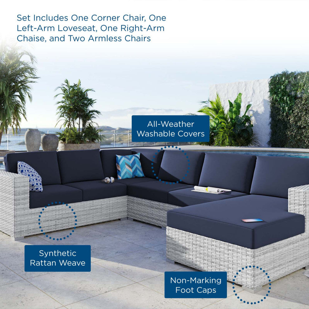 Lounge Sectional Sofa Chair Set, Rattan, Wicker, Gray Blue Navy, Outdoor