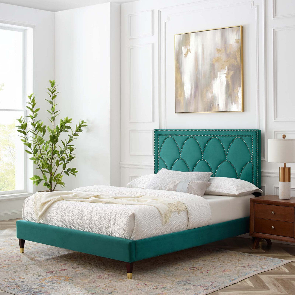 Platform Bed Frame, Nailhead, Queen Size, Teal Blue, Velvet, Modern
