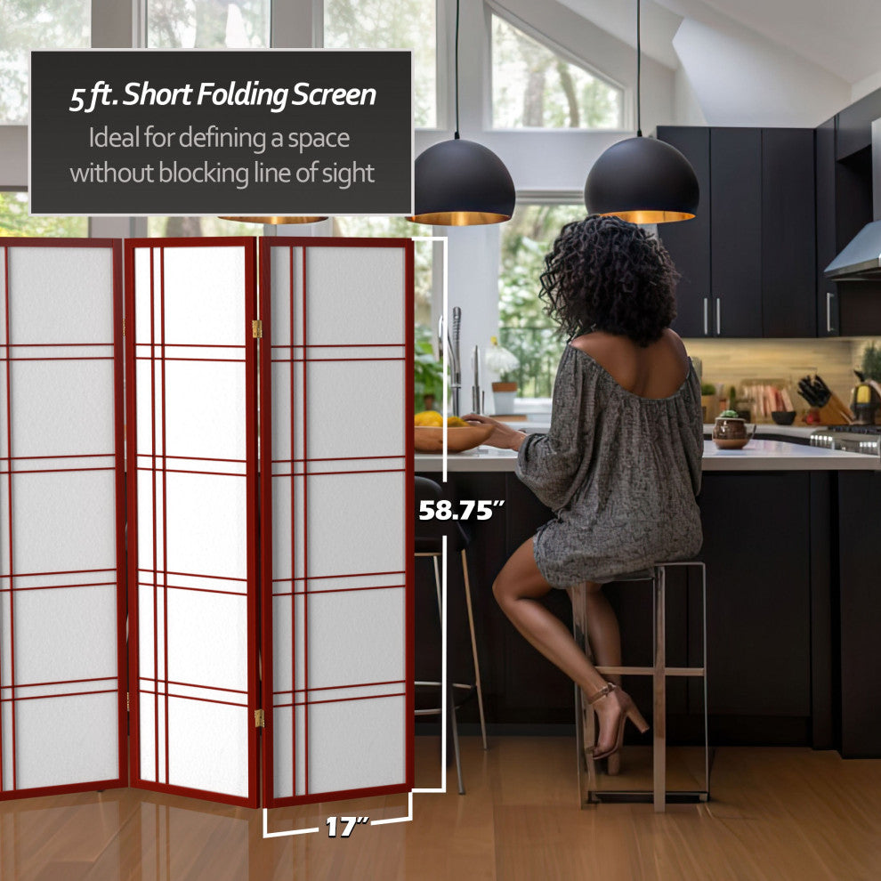 5' Tall Double Cross Shoji Screen, Rosewood, 3 Panels