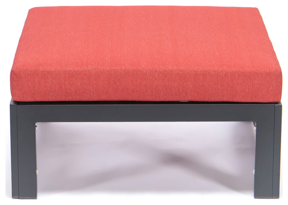 LeisureMod Chelsea Outdoor Black Ottomans With Cushions Set Of 2, Red