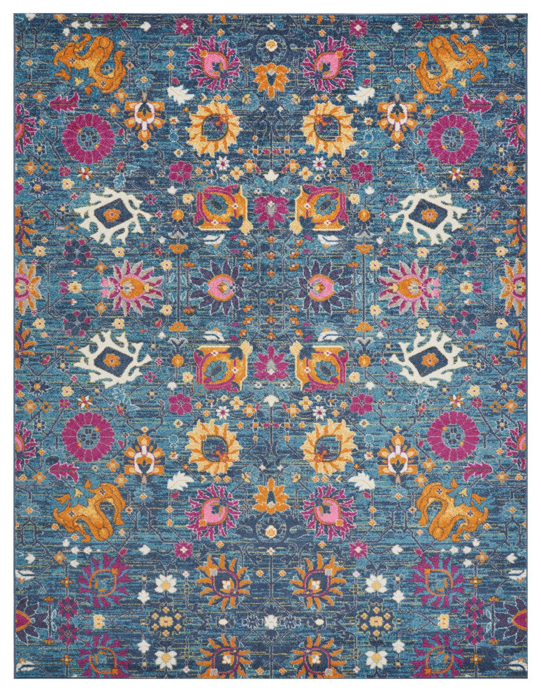8' X 10' Blue And Orange Floral Power Loom Area Rug