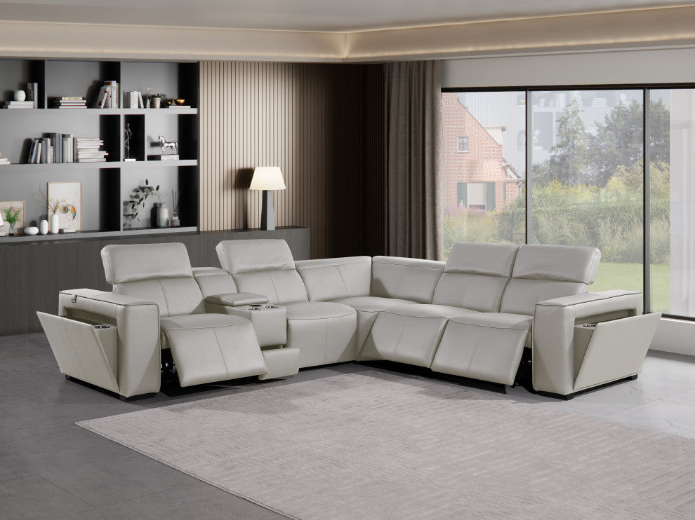 Niccolo Top Grain Italian Leather 6-Piece L-Shaped Power Reclining Sectional, Light Grey