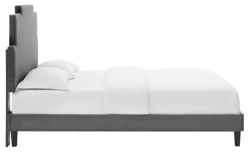Platform Bed Frame, King Size, Velvet, Dark Gray, Modern Contemporary