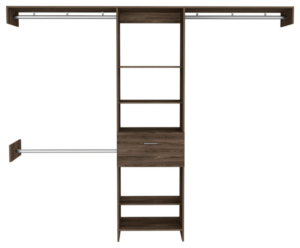 Cross 250 Closet System with Drawer, 3 Metal Rod, and 5 Open Shelves, Dark Waln