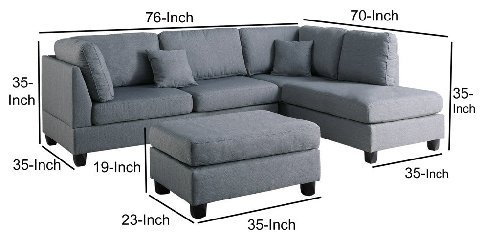 Benzara BM168775 Linen Fabric 3 Pieces Sectional, Gray