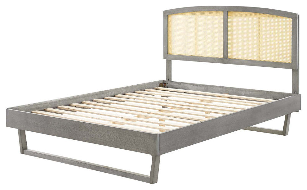 Platform Bed Frame, Full Size, Wood, Gray, Modern Mid-Century, Bedroom
