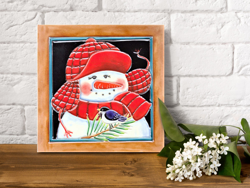 8x8" Snowman Wear Red Cap Ceramic Art Tile Hand Painted Trivet Hot Plate