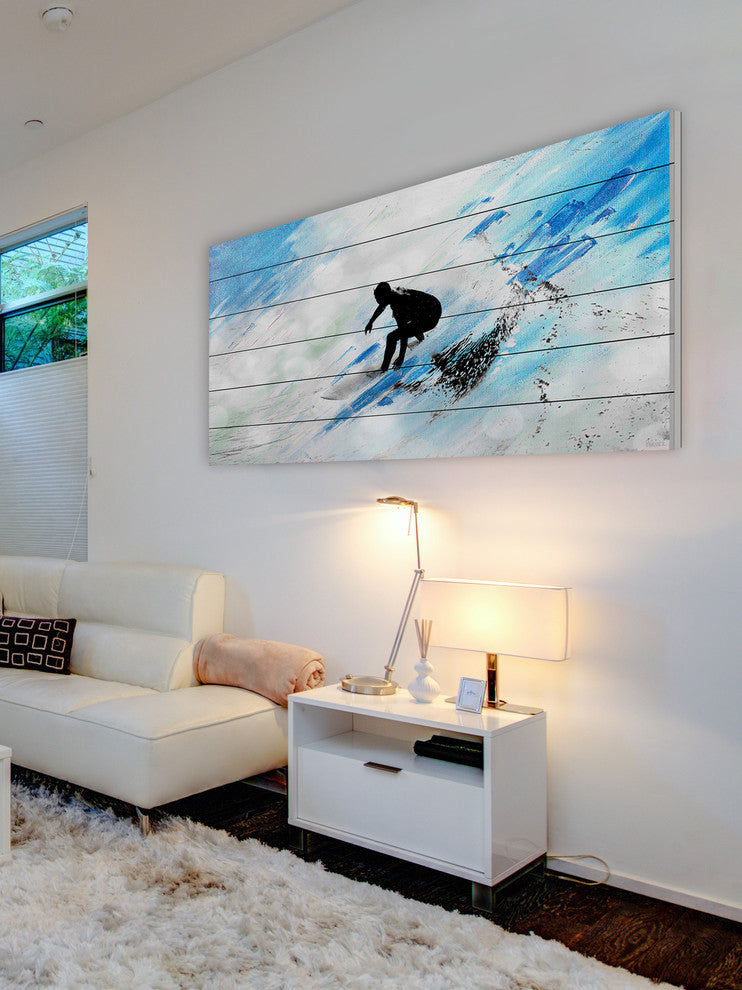 "White Surf Riding" Painting Print on White Wood, 40"x20"