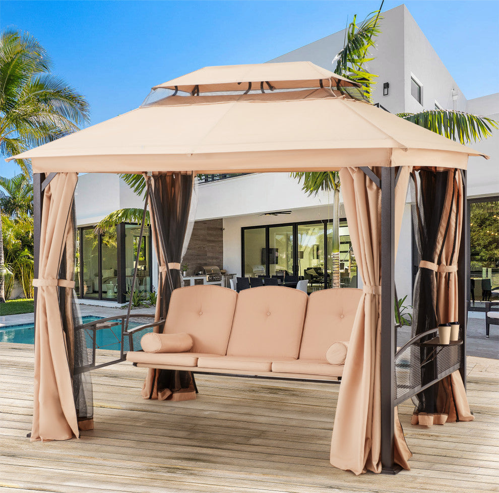 HOMREST 3-Seat Outdoor Porch Swing,Gazebo Swing with Double Tier Canopy(khaki)
