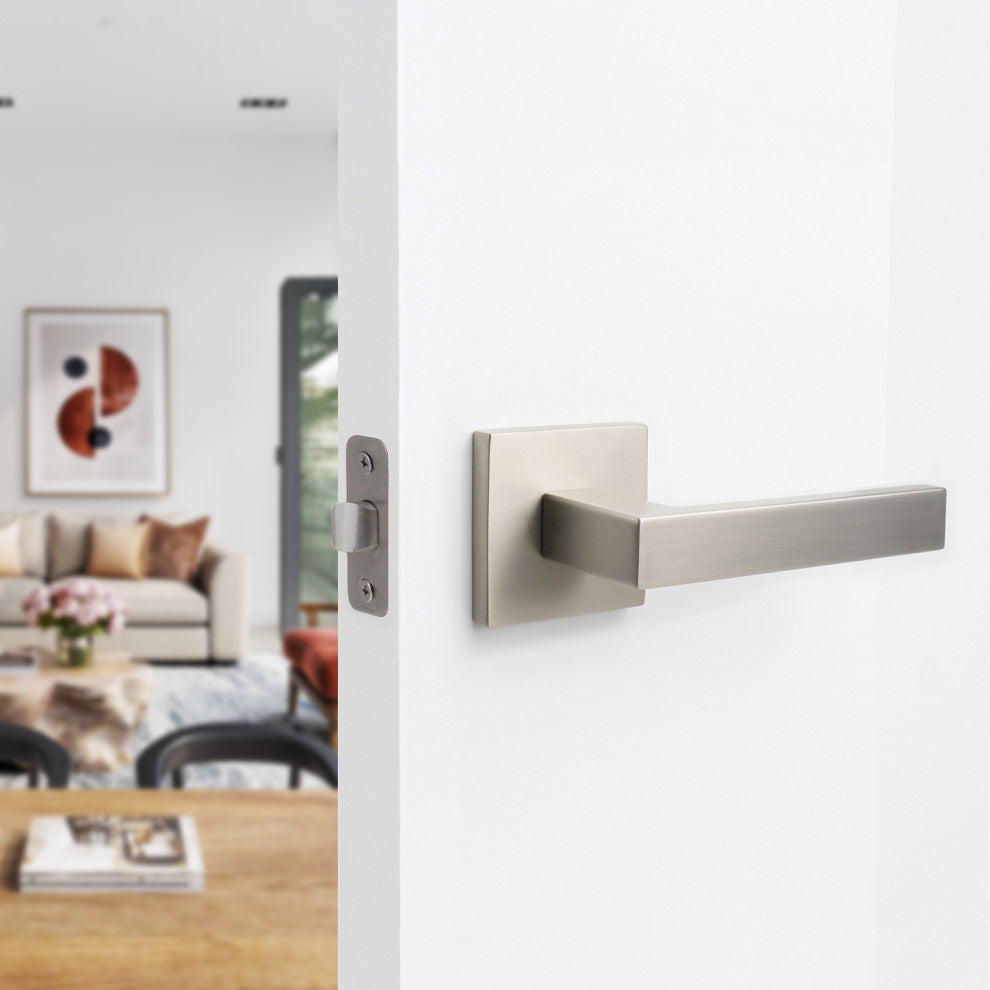 Modern Heavy Duty Designer Interior Door Lever - Allen Collection, Satin Nickel, Privacy Right Hand