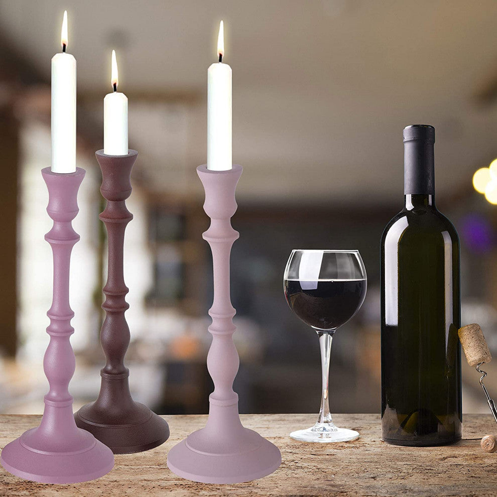 3 Piece Pink Taper Candle Holder Set, 10.25 Inches