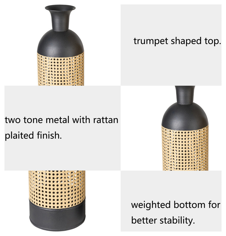 Boho Decorative Gold/Black Floor Metal Vase, Set of 2