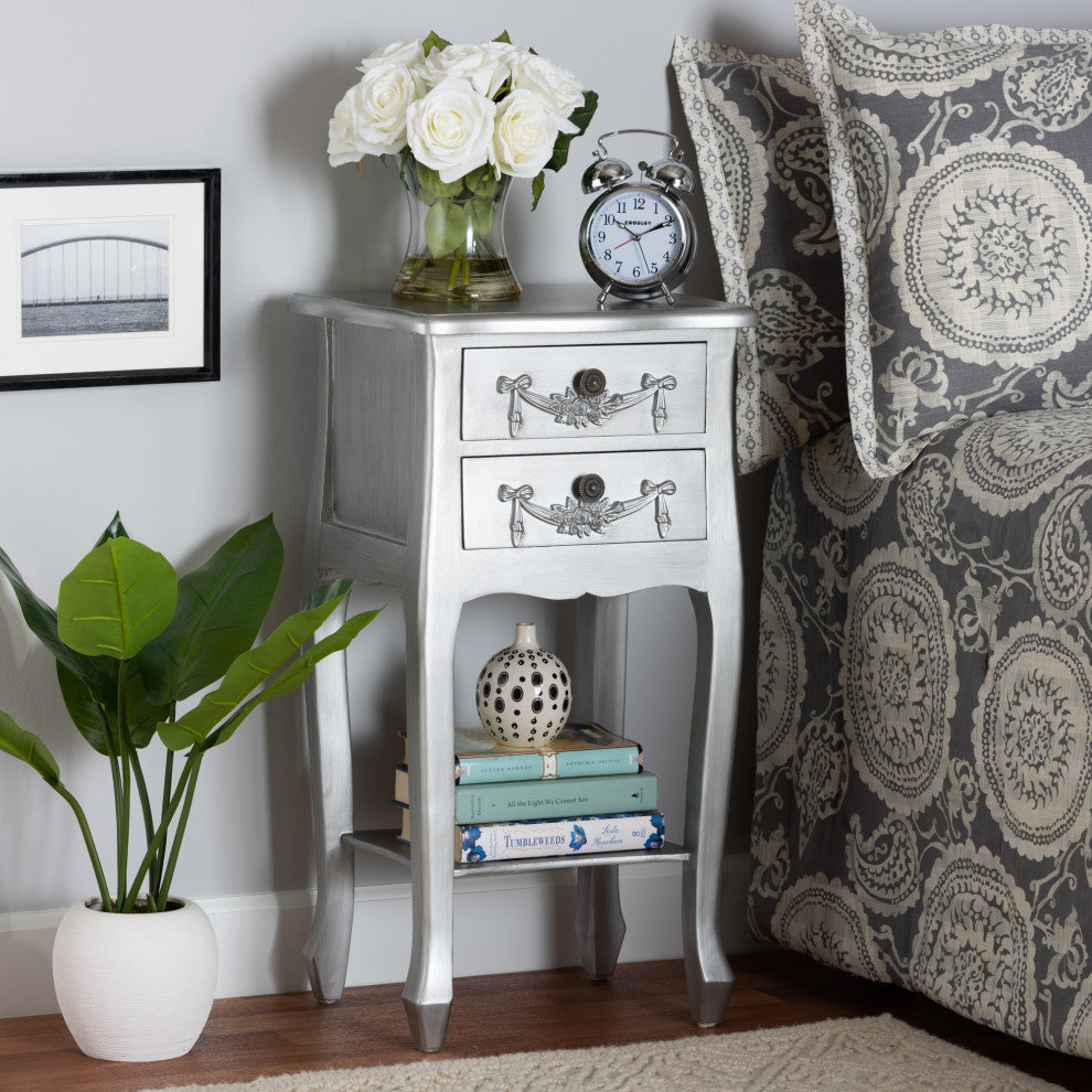 Eliya Classic and Traditional Brushed Silver Finished Wood 2-Drawer Nightstand