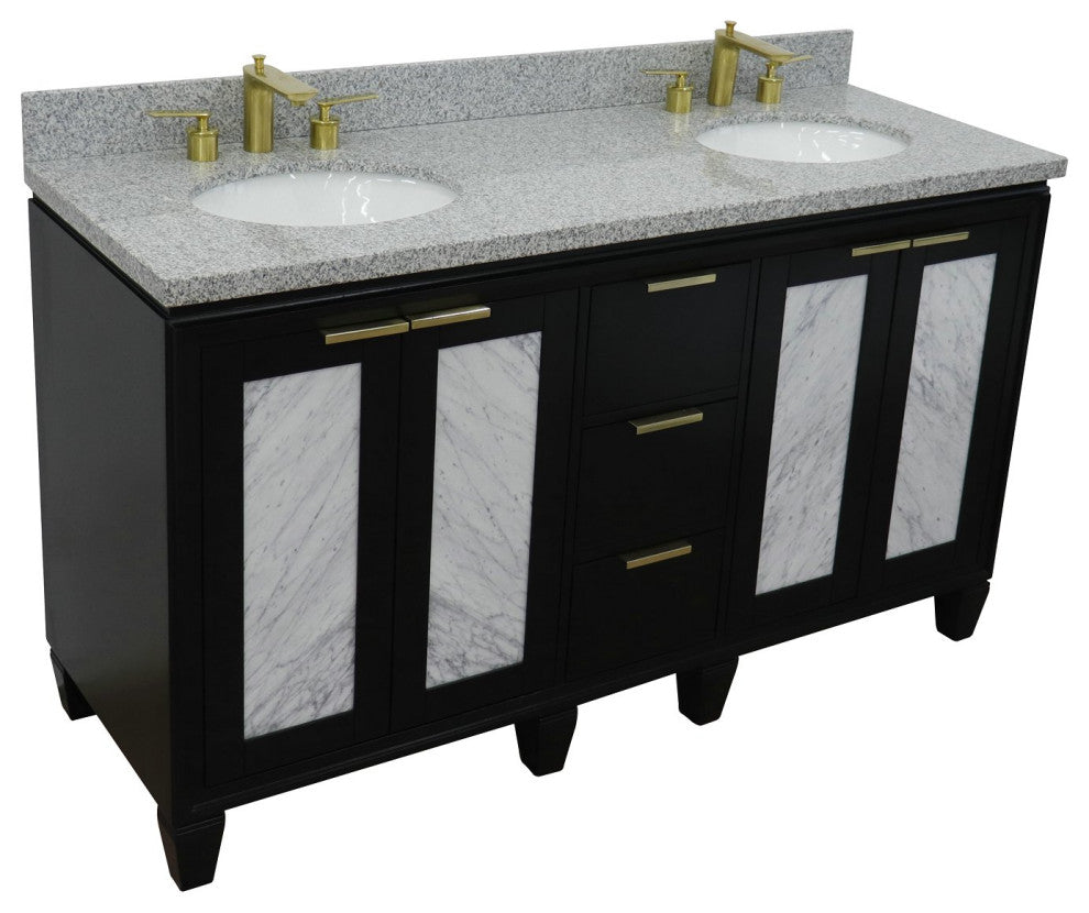 61" Double Sink Vanity, Black Finish With Gray Granite And Oval Sink