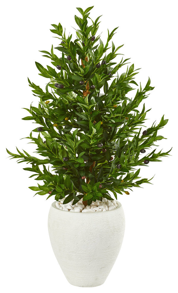 3.5' Olive Cone Topiary Artificial Tree in White Planter UV Resistant