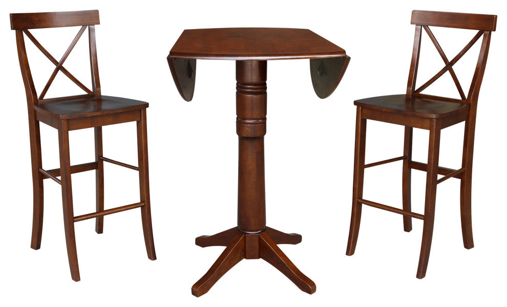 42" Round Pedestal Bar Height Table with Two Bar Height Stools, Espresso