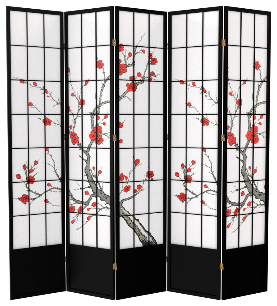 7' Tall Cherry Blossom Shoji Screen, Black, 5 Panels