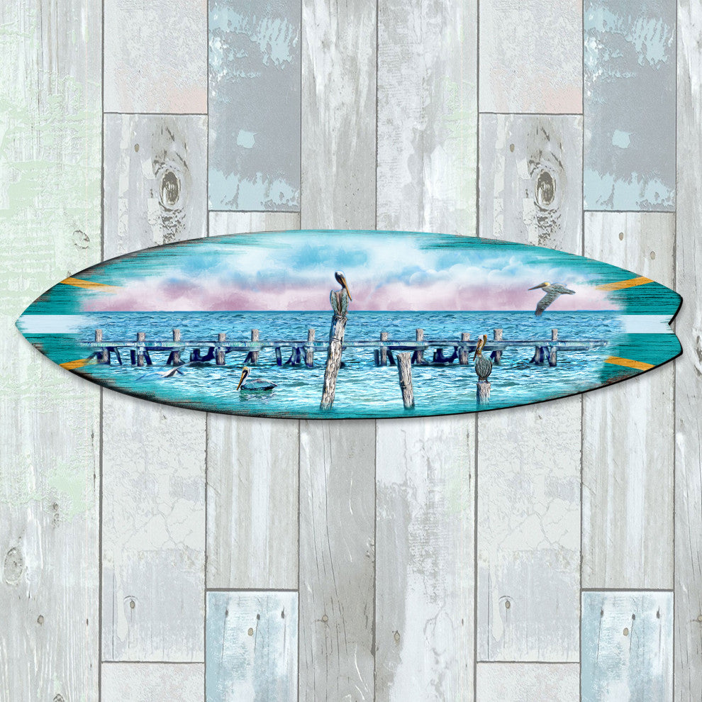 Seabirds Pelicans Surfboard Coastal Door Art, Approximate Size: 48x13.5