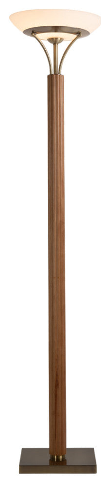 Tambo Torchiere Floor Lamp - Dark Walnut Wood Finish, Weathered Brass, Dimmer, Natural Ash Wood Finish, Weathered Brass