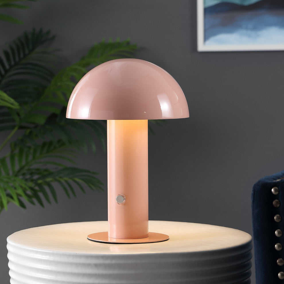 Boletus 10.75" Rechargeable/Cordless Iron Integrated Mushroom Table Lamp, Pink