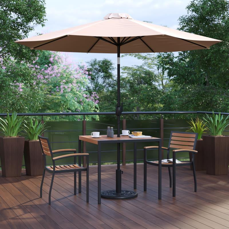 Lark 5 Pc Patio Table Set, 2 Stackable Chairs, 35" Square Table,Umbrella w/Base,