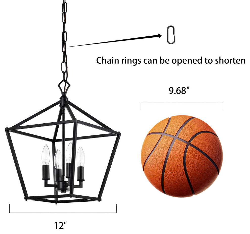 4-Light Matte Black Lantern Pendant Chandelier 12in. With Nickle or Black Sleeve