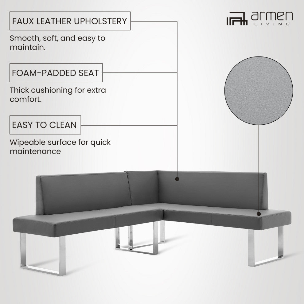 Armen Living Amanda Contemporary Nook Corner Dining Bench in Gray Faux Leather a