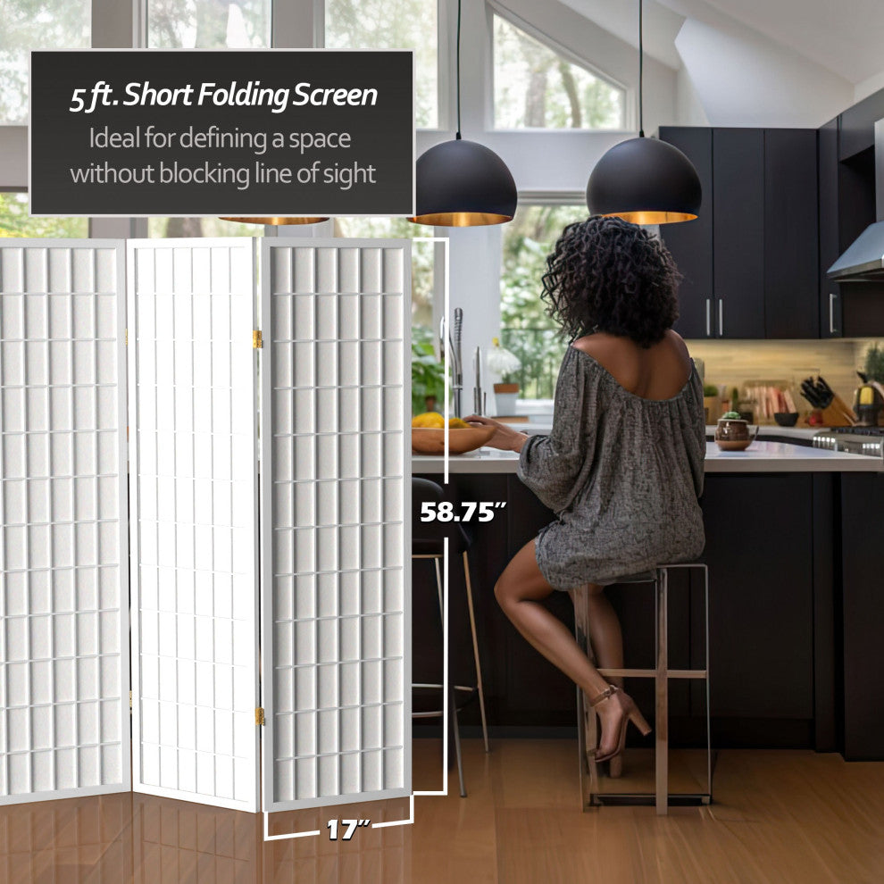 5' Tall Window Pane Shoji Screen, White, 3 Panels