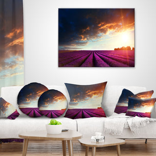 Stunning Lavender Field Under Cloudy Sky Floral Throw Pillow, 18"x18"