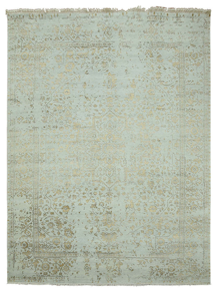 Gray Hand Knotted Broken Persian Erased Heriz Design Wool and Silk Rug, 10'x14'