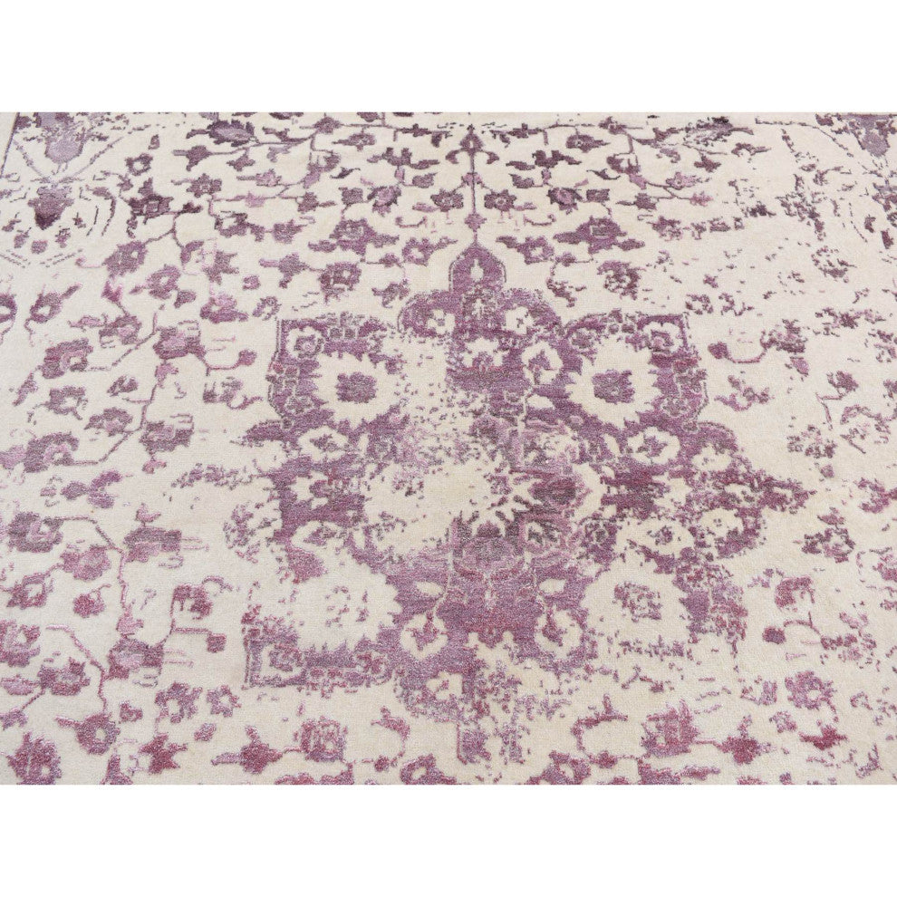 Ivory Wool and Silk Handmade Broken and Erased Persian Design Rug 9'2"x12'1"