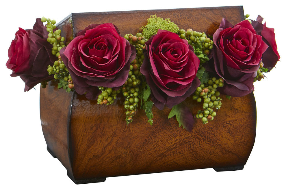 Roses Artificial Arrangement in Decorative Chest, Burgundy