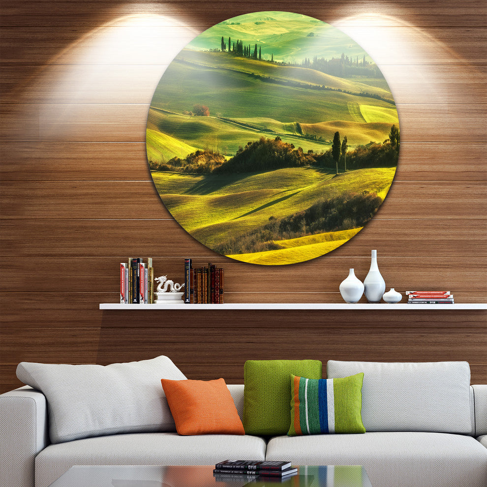 Green Rolling Hills On Misty Sunset, Landscape Round Wall Art, 23"