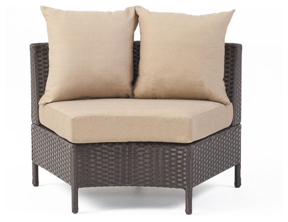 Harper Outdoor Wicker Curved Loveseat Sectional With Cushions, Dark Brown/Beige