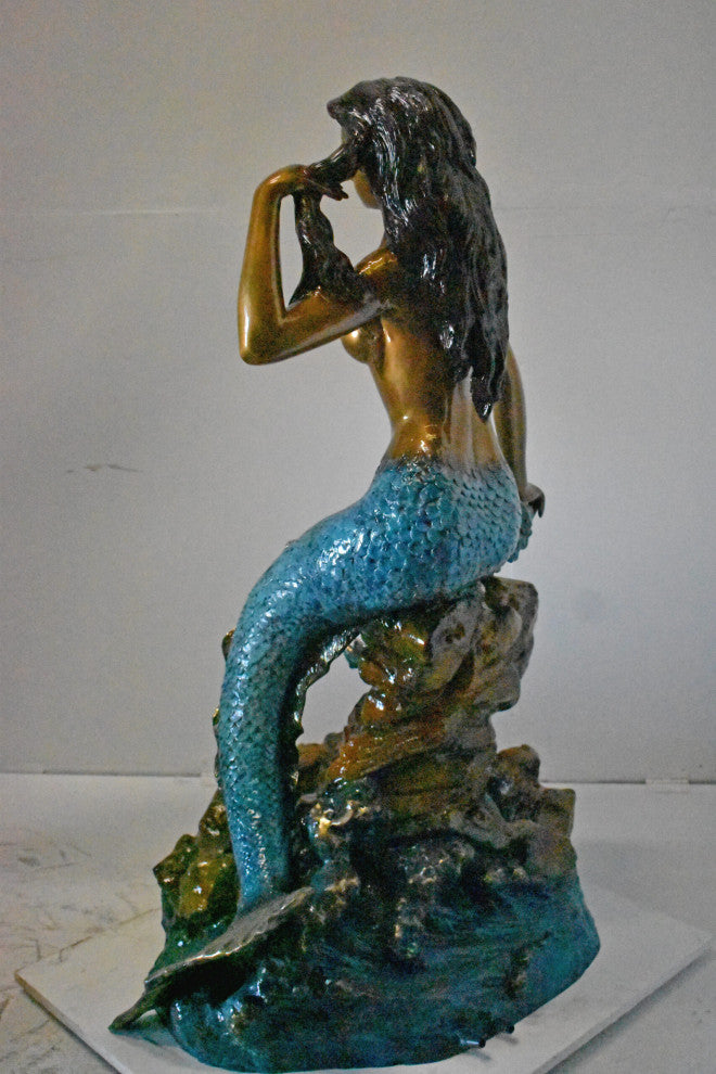 Beautiful Large Mermaid Bronze Statue Fountain - Size: 35"L x 32"W x 53"H.