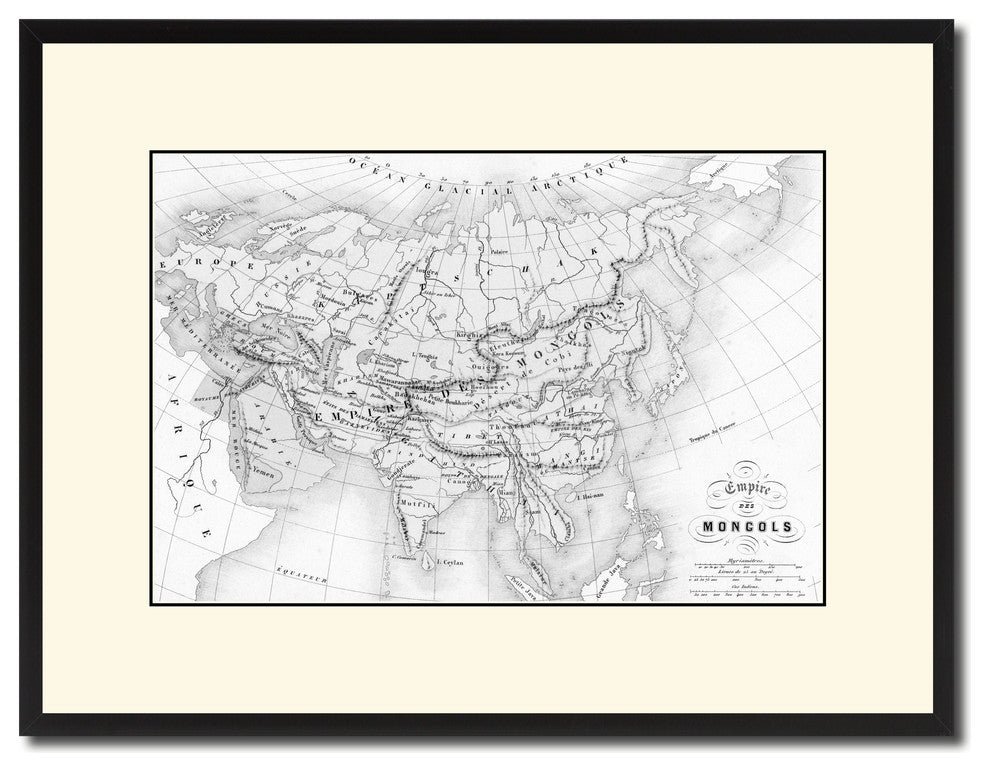 Mongolian Empire Asia Vintage B&W Map Canvas Print, 16"x21"